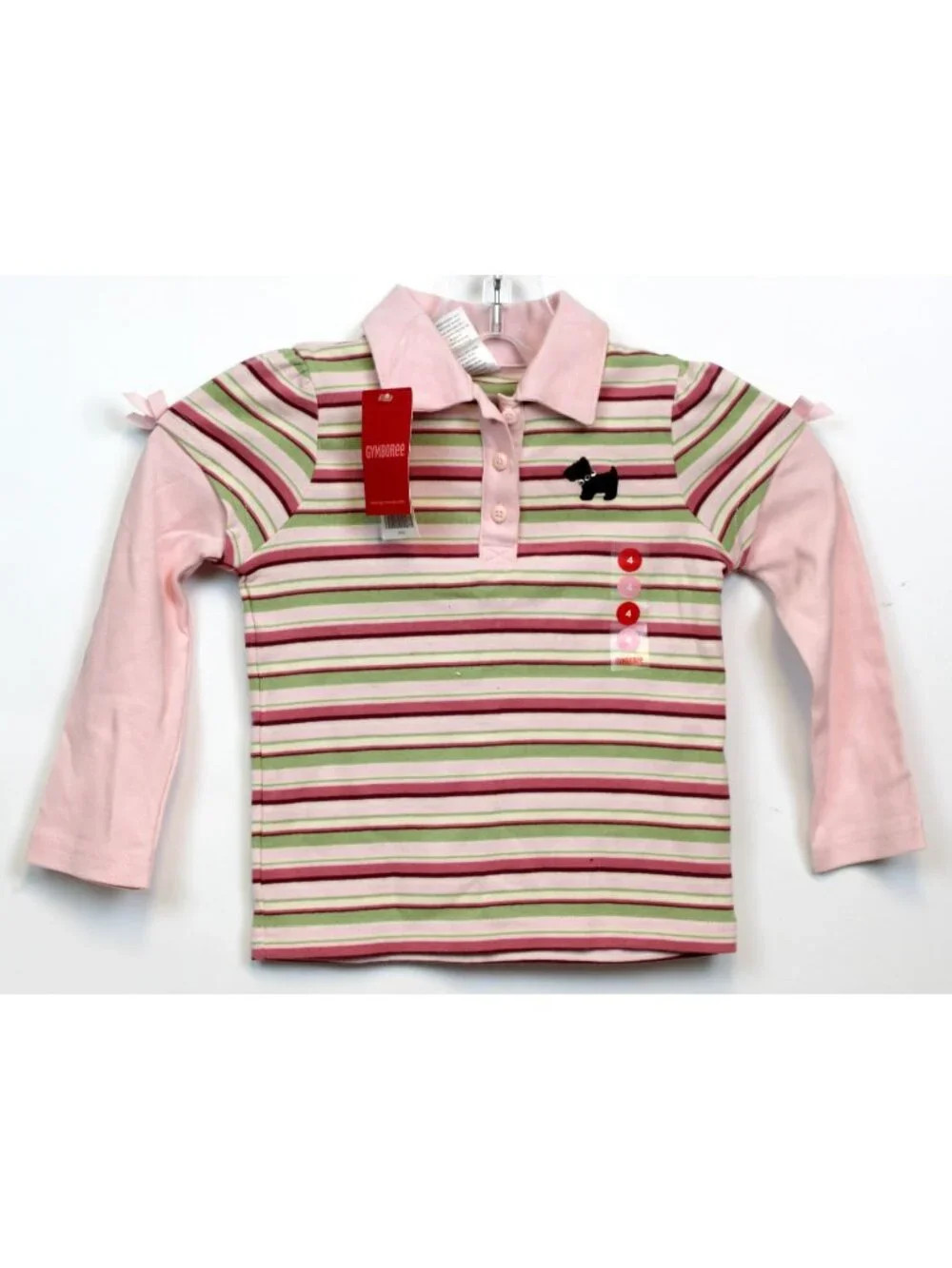 2007 Gymboree Girl Detective Striped Polo sz 4 Long Sleeve Bows Scottie Dog Puff
